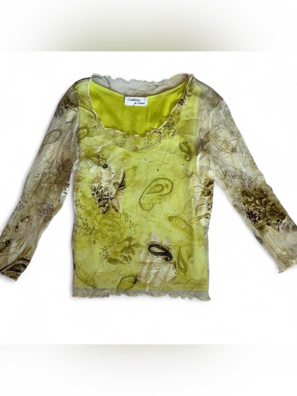 Confession di Lillo Women's Sheer Paisley Long Sleeve Top in Lime